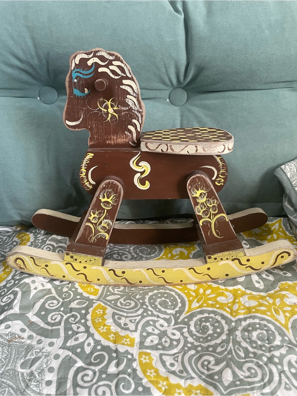 Vintage Hand-Painted Wooden Rocking Horse Folk Art
